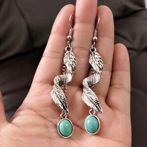 Turquoise Feather Earrings Dangle Drop Cute Aesthetic Boho Goth Feather Leaf